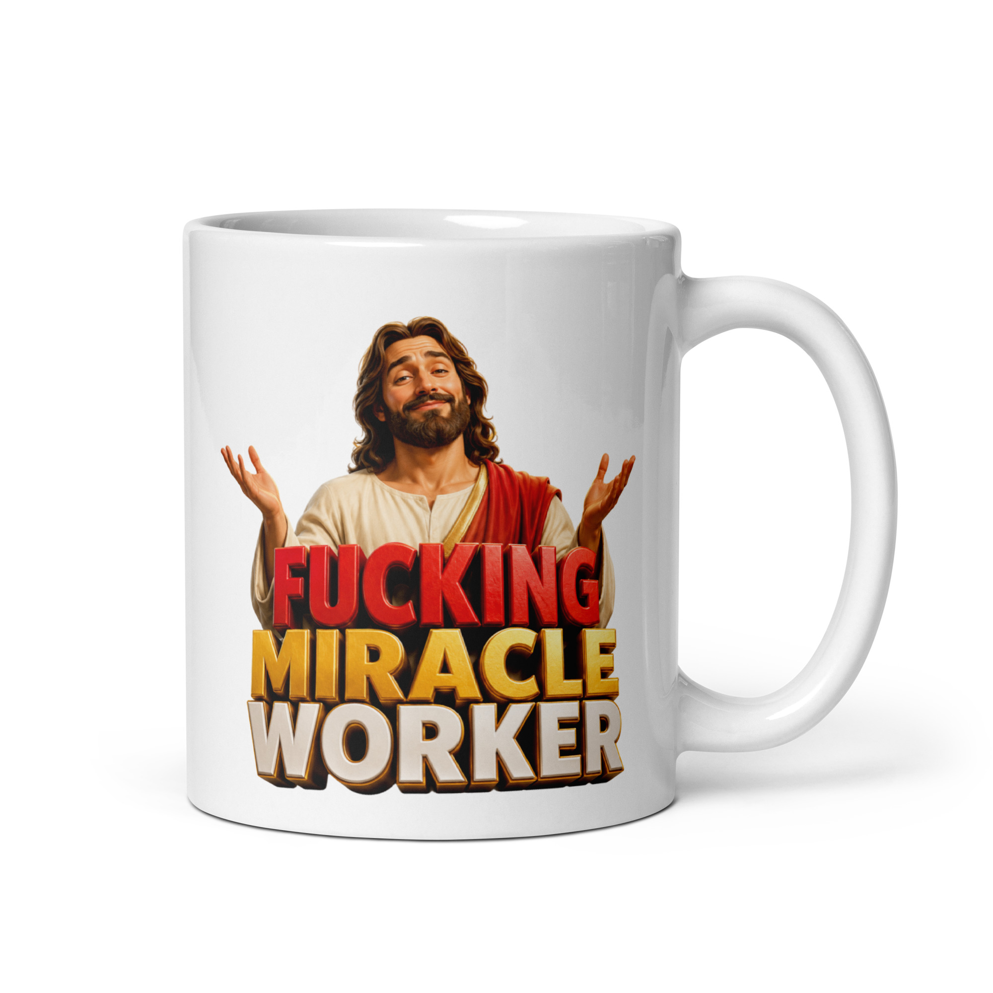 Funny Fucking Miracle Worker mug with colourful cartoon design for a colleague who fixes everything